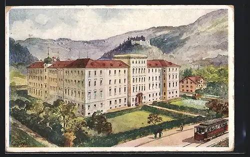 Künstler-AK Salzburg, Kollegium Borromäum mit Strassenbahn und Umgebung