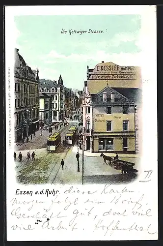 AK Essen, Kettwiger Strasse mit Hotel von H. Förster, Strassenbahn