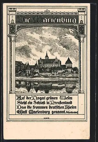 Künstler-AK Marienburg / Malbork, Blick zum Schloss mit Spruch