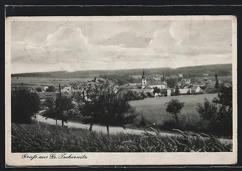 AK Gr. Tschernitz, Ortsansicht mit Kirche