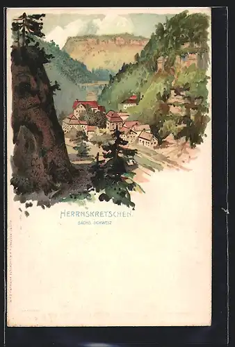 Lithographie Herrnskretschen / Hrensko, Blick auf das Dorf in der Sächs. Schweiz