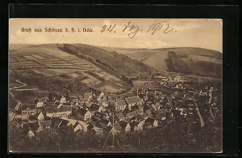 AK Schönau b. H. i. Odw., Ortsansicht aus der Vogelschau