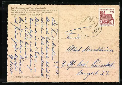 AK Bad Zurzach, Turm-Restaurant der Thermalquelle AG, Innenansicht