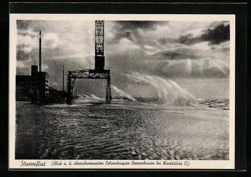 AK Bremerhaven, Blick auf den überschwemmten Colombuspier bei Sturmflut