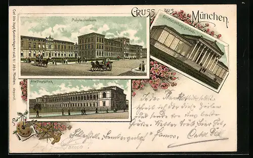 Lithographie München, Kunstausstellungsgebäude, Polytechnikum, Alte Pinakothek