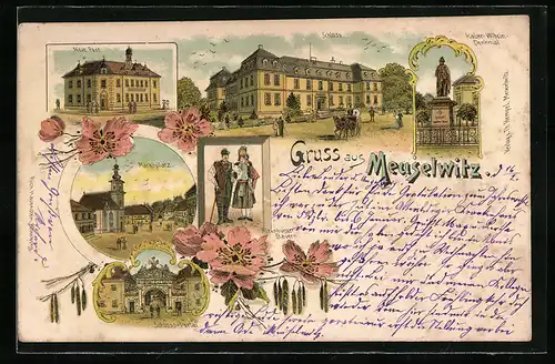 Lithographie Meuselwitz, Schloss, Neue Post, Marktplatz