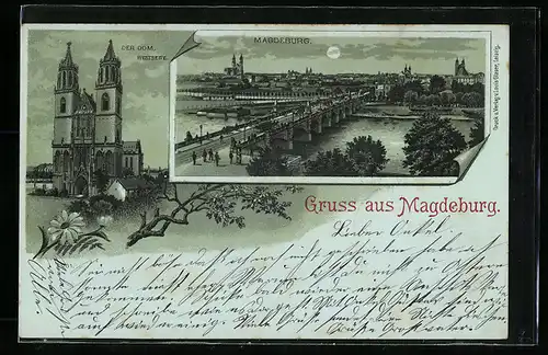 Lithographie Magdeburg, Dom, Partie an der Brücke, Strassenbahn