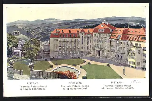 Künstler-AK Piestany, Thermia Palace-Hotel mit neuem Schlammbade
