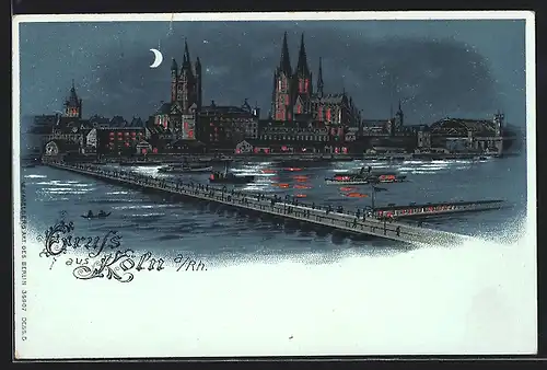 Mondschein-Lithographie Köln a. Rh., Rheinbrücke und Panorama mit beleuchteten Fenstern