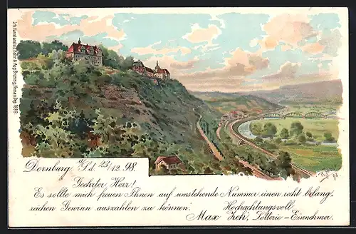 Lithographie Dornburg, Ortschaft mit Schloss und Umgebung um 1900