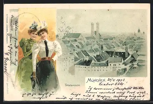 Lithographie München, Totalansicht, Elegante Damen