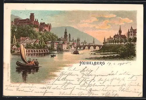 Lithographie Heidelberg, Blick übers Wasser zum Ort, Leute im Segelboot