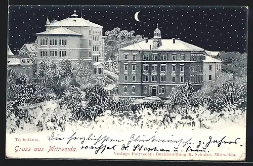 AK Mittweida, Technikum im Schnee bei Nacht, Mond