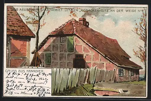 Lithographie Hannover, Letzter Kosacken-Sitz, An der Weide 1, Äusseres Stadtgebiet