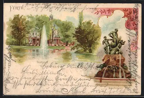 Lithographie Fürth, Partie im Stadtpark mit Kunstbrunnen