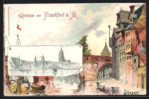 Künstler-AK AK Frankfurt a. M., Blick auf die Uferpromenademit Brücke
