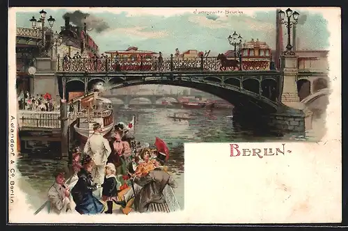 Lithographie Berlin, Jannowitz-Brücke mit Booten auf dem Fluss