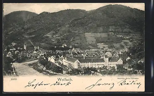 AK Wolfach, Ortsansicht mit Fluss und Bergen