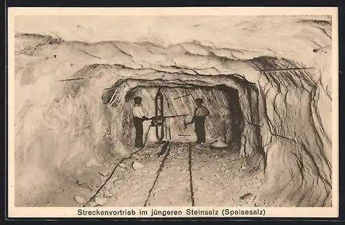 AK Stassfurt, Salzbergwerk, Berlepsch-Maybachschacht, Bergleute beim Streckenvortrieb