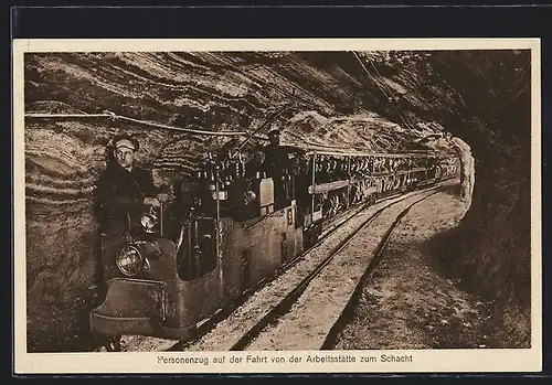 AK Stassfurt, Salzbergwerk, Berlepsch-Maybachschacht, Personenzug mit Bergleuten