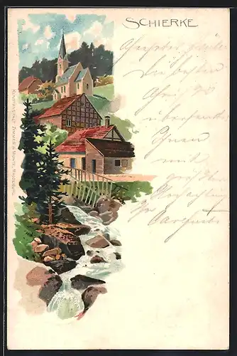 Lithographie Schierke, Dorfpartie mit Bächlein