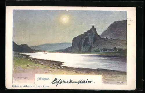 Künstler-AK sign. K. Liebscher: Strekov, Burg über dem Fluss