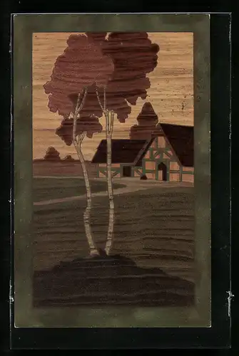 Holzbrand-Imitations-AK Landschaft mit Häusern und Baum