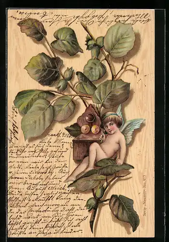 Holzbrand-Imitations-AK Englein sitzt auf einem Zweig