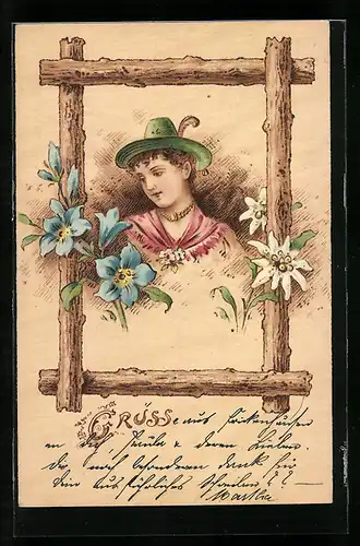 Holzbrand-Imitations-AK Junge Dame mit Trachtenhut, Enzian, Edelweiss