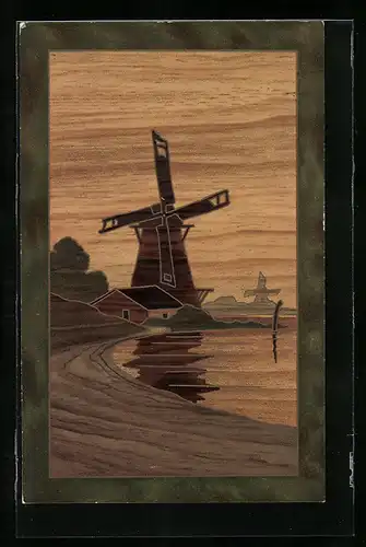 Intarsial-AK Windmühle am Wasser