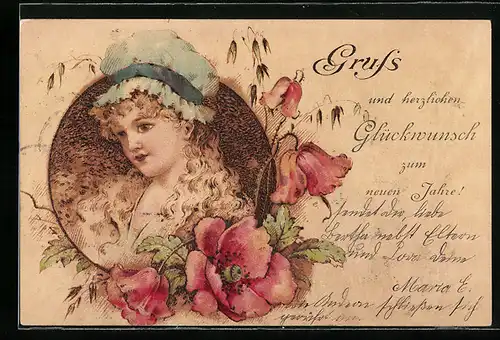 Holzbrand-Imitations-AK Frauenportrait mit roten Mohnblumen