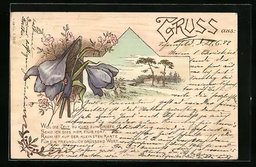 Holzbrand-Imitations-AK Sommerliche Landschaft mit Bäumen, Lilafarbene Krokusse