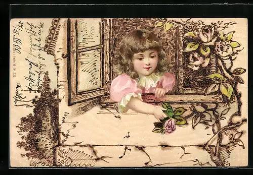 Holzbrand-Imitations-AK Kleines Mädchen pflückt eine Rosenblüte am Fenster