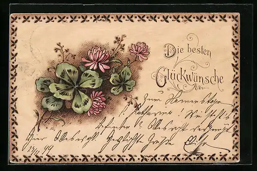 Holzbrand-Imitations-AK Kleeblätter mit Blüthen