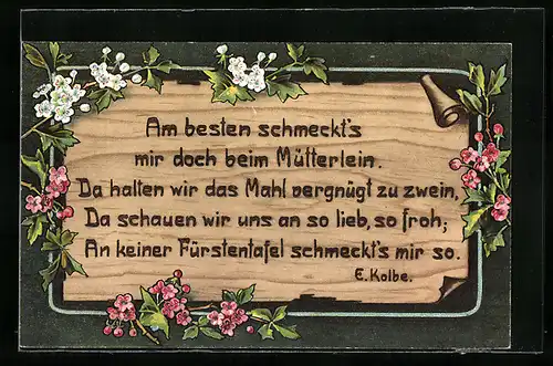 Holzbrand-Imitations-AK Am besten schmeckt`s mir doch beim Mütterlein...