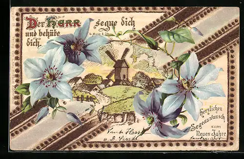 Holzbrand-Imitations-AK Ort mit Windmühle, Blumen, Geburtstagsgruss