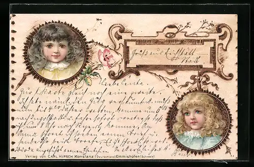 Holzbrand-Imitations-AK Portraits von zwei hübschen Mädchen