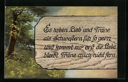 Holzbrand-Imitations-AK Es haben Lieb` und Träne..., Baum auf einer Wiese