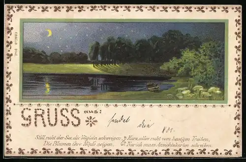 Holzbrand-Imitations-AK Uferlandschaft mit Bäumen bei Mondschein