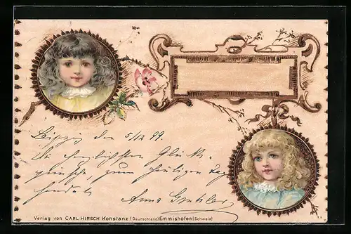 Holzbrand-Imitations-AK Portraits von zwei hübschen Mädchen