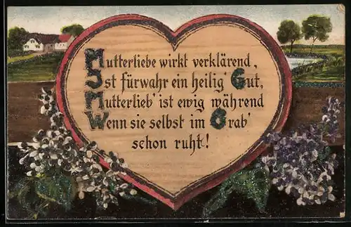 Holzbrand-Imitations-AK Mutterliebe wirkt verklärend..., Haus in sommerlicher Landschaft