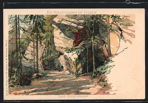 Künstler-Lithographie Wekelsdorfer Felsen, Felsentor