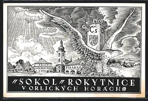 Künstler-AK Rokytnici v Orl. horach, Sokol, Ortsansicht mit Kirche und Adler