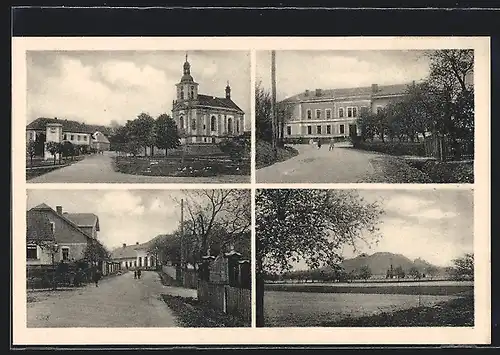 AK Velis, Kirche, Amtsgebäude, Hügellandschaft im Sommer, Dorfstrasse