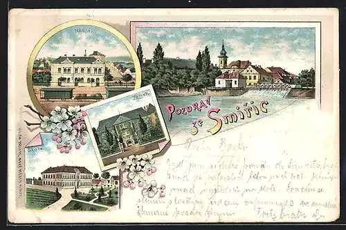 Lithographie Smirice, Zamek, Skola, Nadrazi