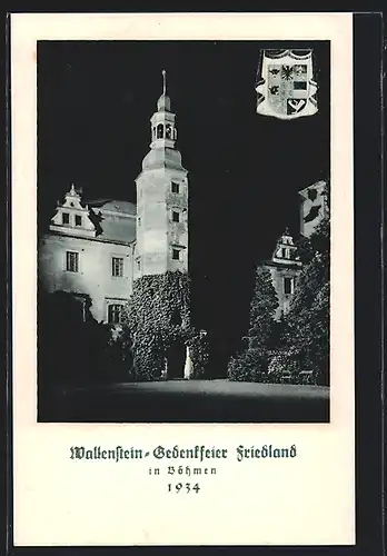 AK Friedland in Böhmen, Festbeleuchtung des Wallensteinschlosses, Wappen