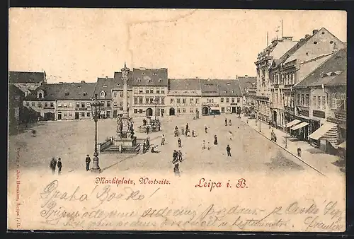 AK Leipa i. B., Marktplatz mit Denkmal, Westseite
