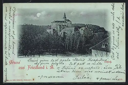 Mondschein-AK Friedland i. B., Schloss