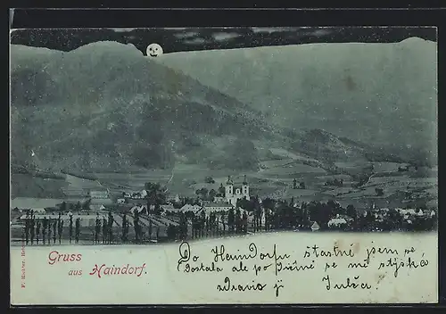 Mondschein-AK Haindorf, Panorama mit Kirche