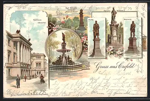 Lithographie Crefeld, Rathaus, Moltke-, Bismarck- und Kaiser Wilhelm I-Denkmäler